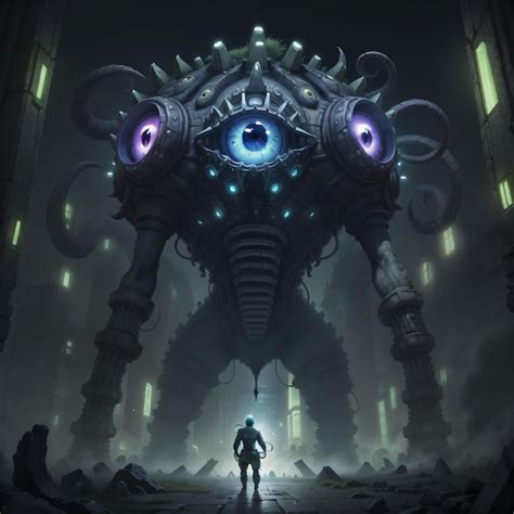 Premium Ai Image A Man Stands In Front Of A Giant Monster With A Blue