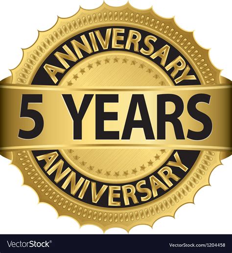 5 Years Anniversary Golden Label With Ribbon Vector Image