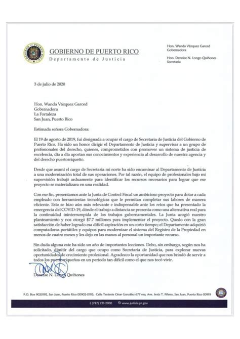 Carta De Renuncia De La Secretaria De Justicia By Primera Hora Issuu