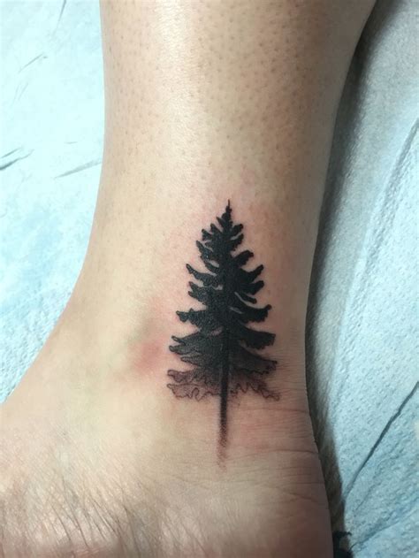 Black Ink Pine Tree Tattoo On Leg