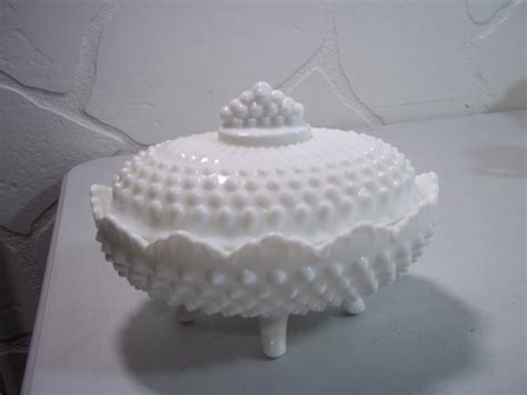 Vintage Fenton White Milk Glass Hobnail Footed Covered Candy Dish
