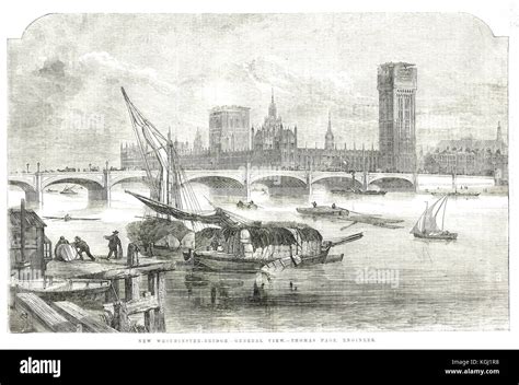 New Westminster Bridge And Palace Montrant Big Ben Clock Tower En Construction 1855 Photo Stock