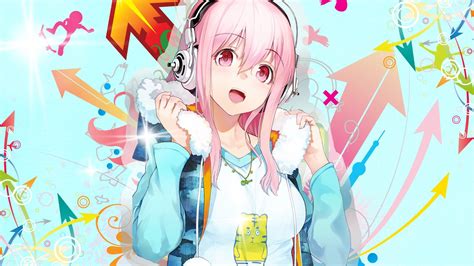 Anime Girl Pink Hair And Pink Eyes With Headphones Wallpaper