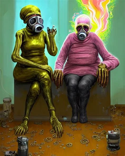 Two Old People Fleshy Bones Wearing Gas Masks Draped Stable