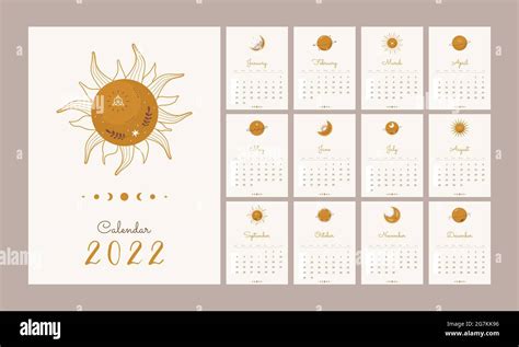 Calendar 2022 With Boho Celestial Elements Abstract Aesthetic Vector