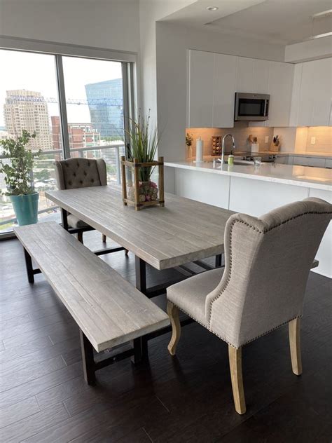 Table can seat six comfortably while round shape gives table a cozy, more conversational feel. Rustic Grey Wash Wood Dining Table w/ Benches & Chairs for ...