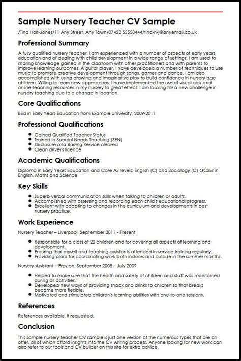 Nursery Teacher CV Example - myPerfectCV