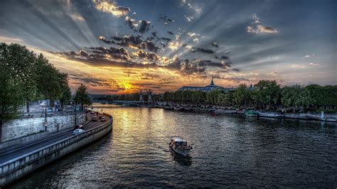 River Sunset Hdr Clouds Boat Sunlight Hd Wallpaper