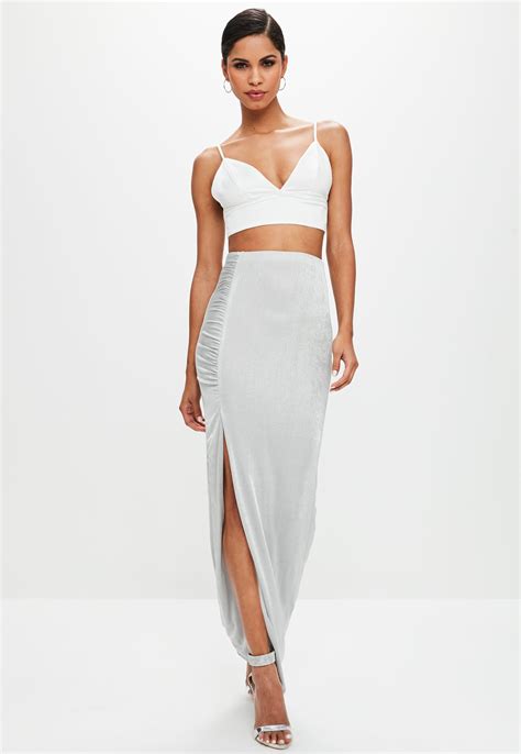 Missguided Synthetic Grey Slinky Split Maxi Skirt In Gray Lyst