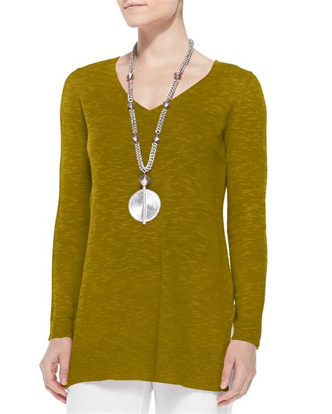 Lyst Eileen Fisher Organic Linencotton Slub V Neck Tunic In Green