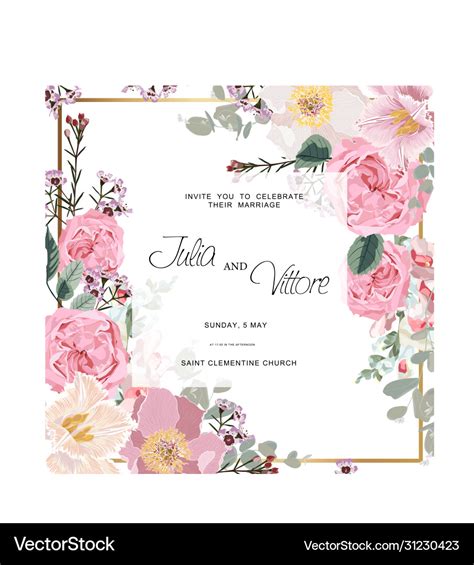 Pink Rose Flowers Wedding Invitation Card Vector Image