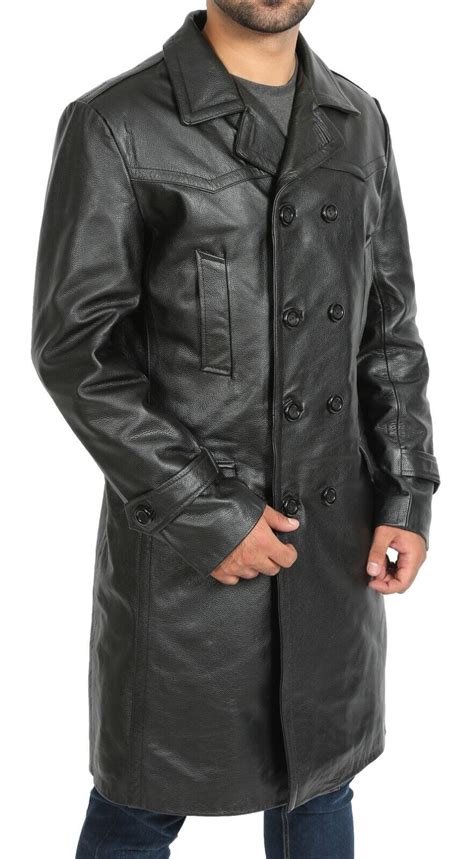 Mens Black Double Breasted Trench Leather Pea Coat Long Classic