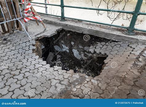 Deep Hole In Pedestrian Sidewalk Area Stock Image Image Of