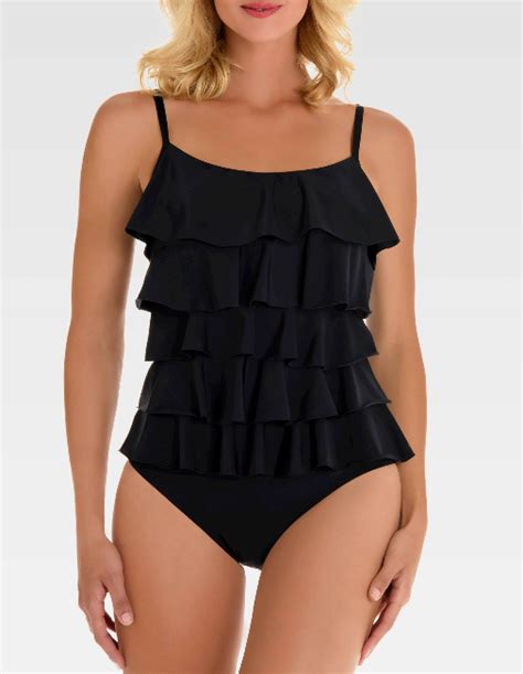 tiered ruffle black one piece bathing suit style uncovered