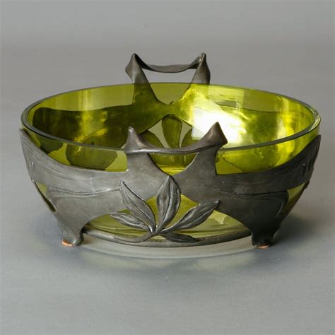 Art Nouveau Green Glass Center Bowl With Pewter Surround For Sale At