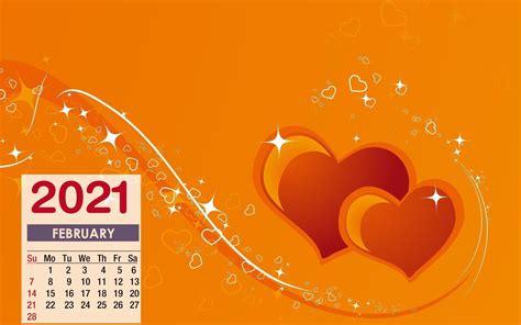 February 2021 Calendar Orange Heart Wallpaper 72222 Baltana