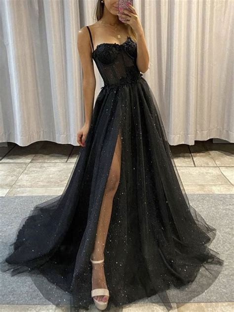 Black A Line Sweetheart Tulle Sequin Long Prom Dress Black Graduation
