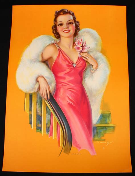 Antique 1930s Jules Erbit Pin Up Print Art Deco Fur Clad Flapper Hello