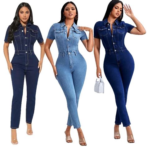 Macac O Jeans De Cintura Alta Feminino Bodysuit Manga Curta Casual Sexy