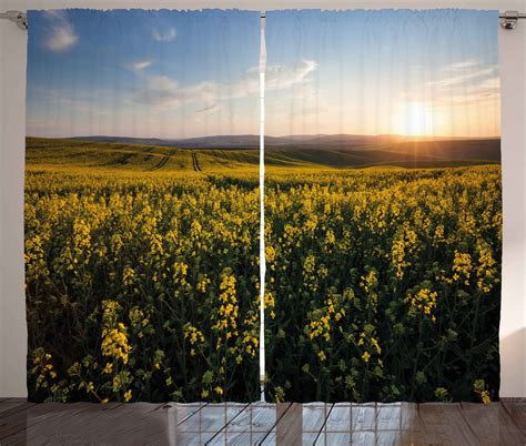 Landscape Curtains 2 Panels Set Scenic View Sunset Flower Field Spring