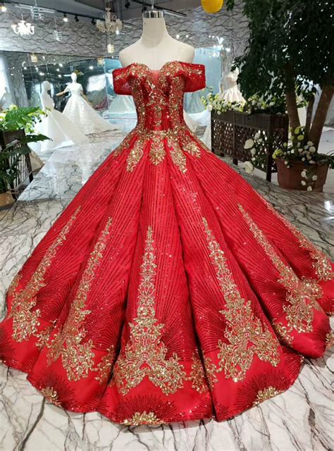 Red Ball Gown Gold Sequins Appliques Off The Shoulder Luxury Wedding Dress