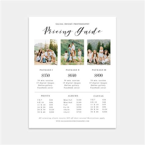 Photography Pricing Template Price Guide List For Etsy