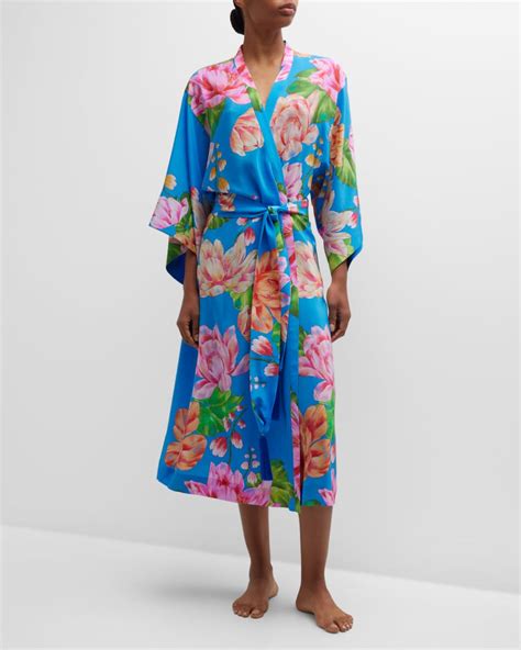 Josie Natori Hanabi Floral Print Kimono Sleeve Silk Robe Neiman Marcus