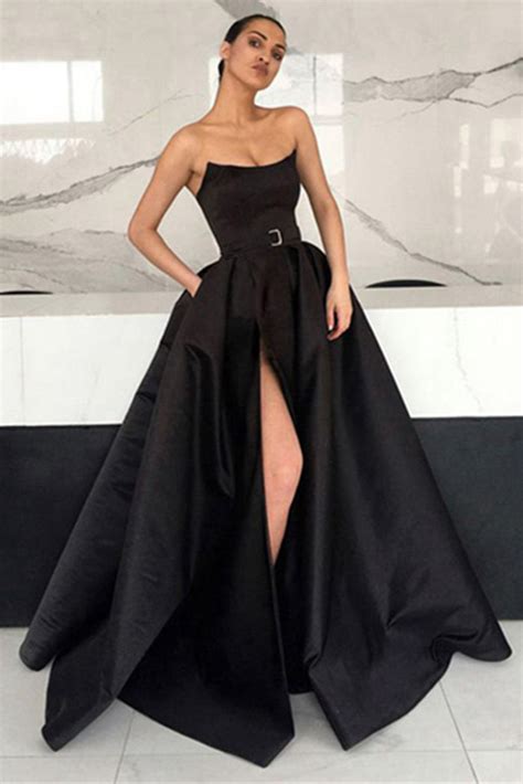 Unique Black Satin Long Prom Dresses With High Slit Black Formal Dres