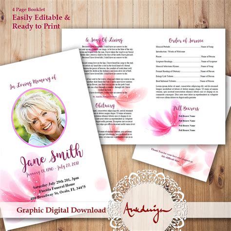 Pink Funeral Program Templatefuneral Card Funeral Booklet Etsy