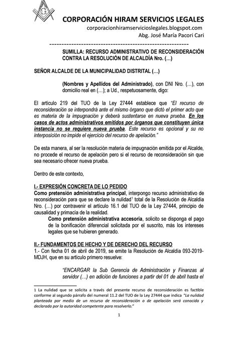 Modelo De Recurso De Reconsideracion Contra Un Acto Administrativo