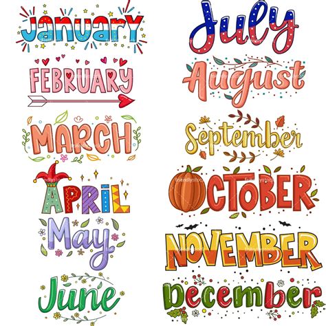 Whimsical Text Doodle Months Clipart Vector Collection Friendlystock