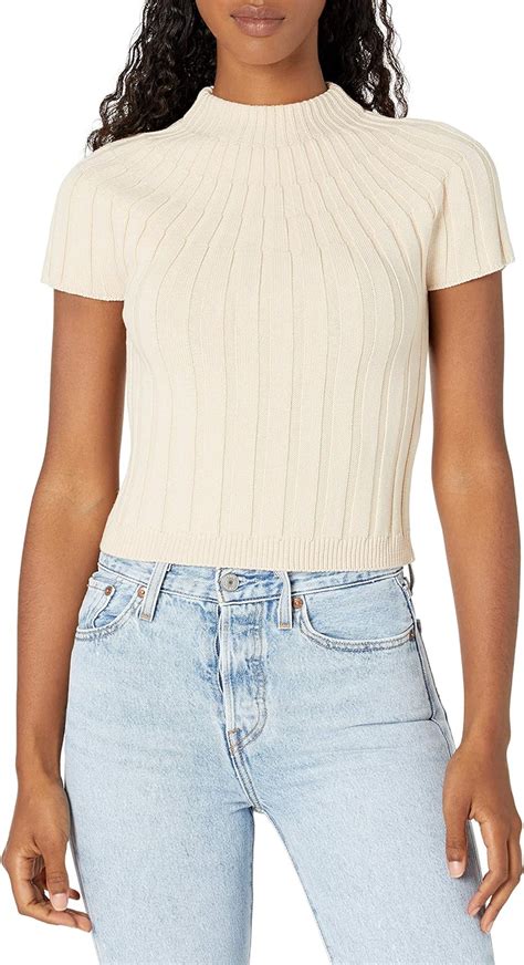 FindersKEEPERS Women S High Mock Neck Ribbed Short Sleeve Fitted Shell