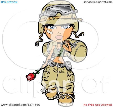 Clipart Of A Female Army Soldier Walking With A Bag Rose And Bandage