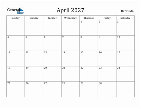 April 2027 Monthly Calendar With Bermuda Holidays