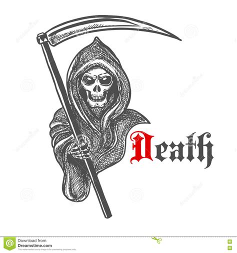 Spooky Grim Reaper With Scythe Sketch Style Stock Vector