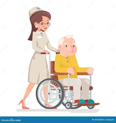 Cute Doctor Attendant Nurse Elderly Caring Wheelchair Old Man Character