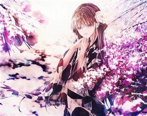Wallpaper Beautiful Anime Girl Kimono Cherry Blossom