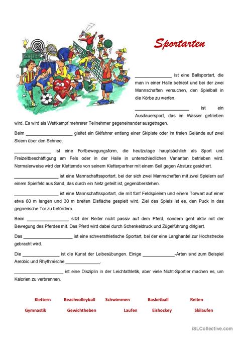 Sportarten Beschreibung allgemeine Deutsch DAF Arbeitsblätter pdf doc