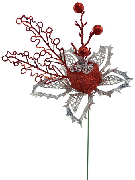 Silver And Red Poinsettia Decorative Pick With T Decoration 15cm