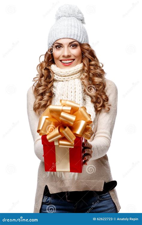 Beautiful Young Woman In Knitted Wool Sweater Smiling Stock Image