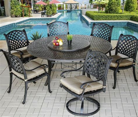 The steel frames and the aluminum feet make the table and chair sturdy and stable, but since the construction is also lightweight, all items are easy to move around. 7 Piece for 6 Cast Aluminum Nassau Outdoor Patio Dining ...