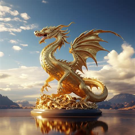 Premium Ai Image Golden Dragon Statue With Sky Background
