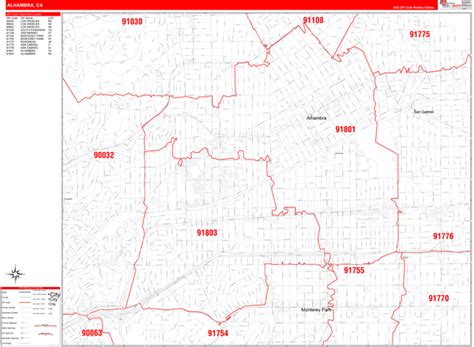 Alhambra California Zip Code Wall Map Red Line Style By Marketmaps