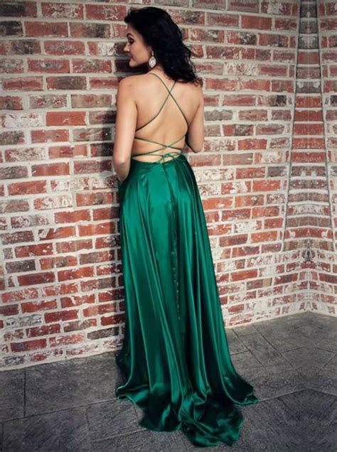 Sexy A Line Spaghetti Straps Green Elastic Satin Long Prom Dress With