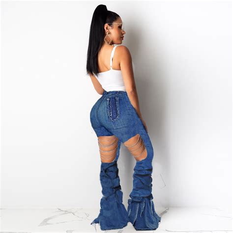 Bell Bottoms Ripped Flare Jeans For Women Back Hollow Out Patchwork