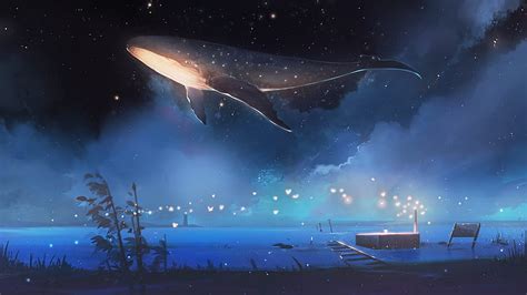 Whale Anime Landscape Boat Lake Night Scenic Artwork Anime Hd