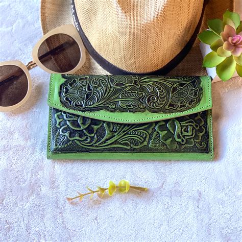 Green Leather Wallets For Women Tooled Leather Wallet Western Style