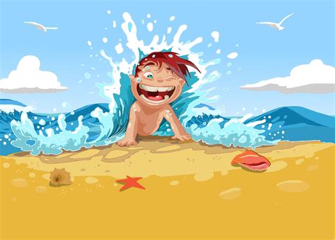 Малыш и волна Пляж иллюстрация Веселье на пляже Фон из мультфильма