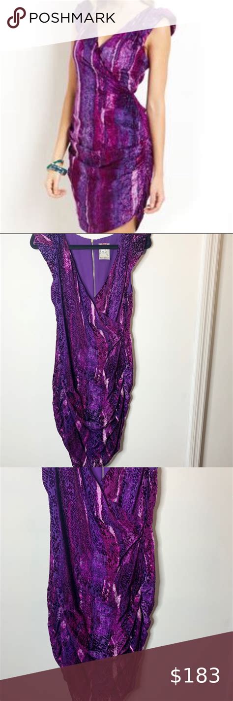 Yoana Baraschi Purple V Neck Ruched Dress Size 6 In 2021 Silk Cocktail Dress Drop Sleeve