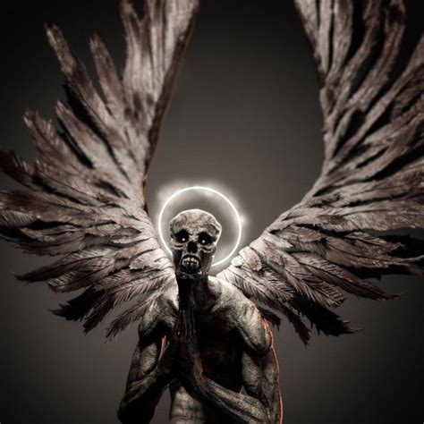 an angel with large wings standing in front of a dark background and holding his hands to his chest